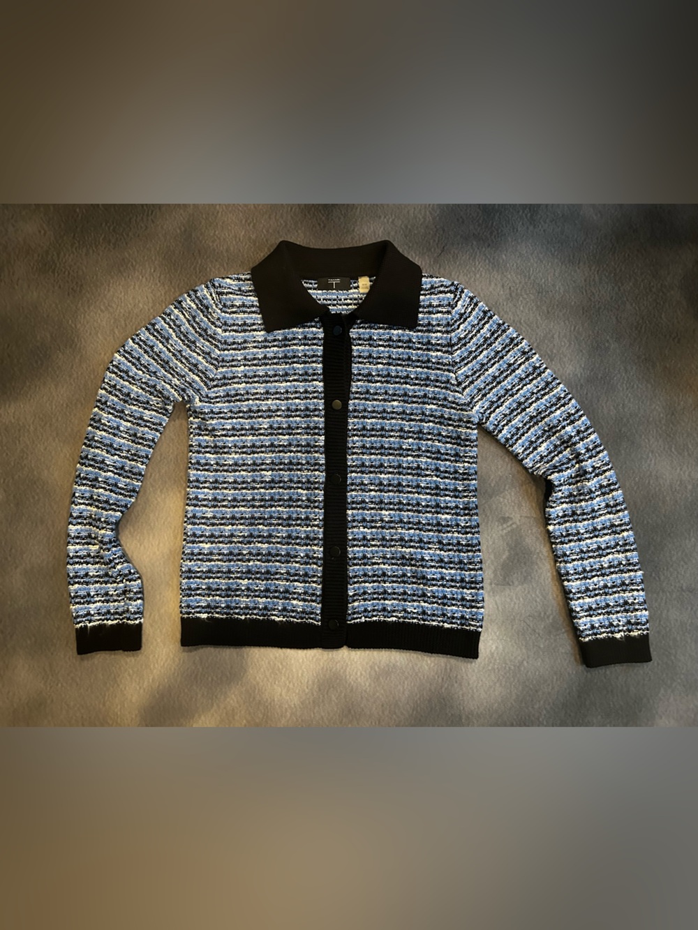 Tahari blue, black & white chic Cardigan Sweater sz M